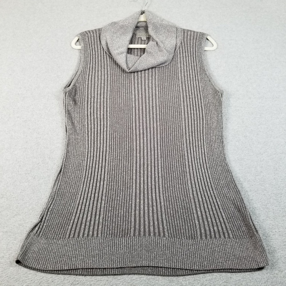 Joseph A Sweater Tank Women XL Silver Metallic Ribbed Knit Cowl Neck Sleeveless